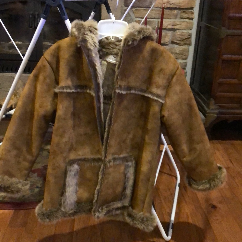 Brown Suede Coat With Hood Lined and Trimmed with faux fur